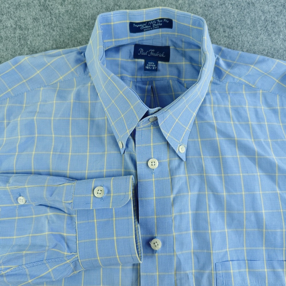 Paul Fredrick Imperial 100s Cotton Dobby Dress Shirt Mens 16.5 37 Blue Check